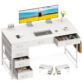 ODK Computer Desk with 6 Drawers, 48 Inch Office Desk with Storage, Reversible Desk with Headphone Hook for Home Office, Work Study Table Vanity for Bedroom, White