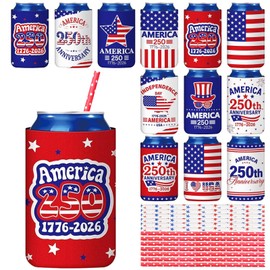 12 PCS 250th Anniversary Can Cooler Sleeves Set & Eco-Friendly Straws, Chloroprene Rubber Reusable, Fit for Beer & Beverages, Perfect 4th of July, Independence Day, Holiday and Party 5.04" x 3.94",