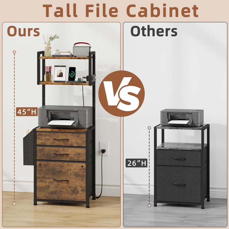 HIGDBFE 3 Drawer File Cabinet with Charging Station, 45''H, 3-Tier