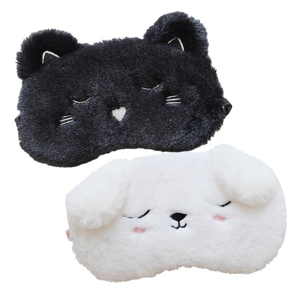 Shinywear 2 Pcs Cute Sleepping Eyemask Black Cat & White Dog Animal Cartoon Style Silk Feeling Plush Eye-Shade Cover Blinder