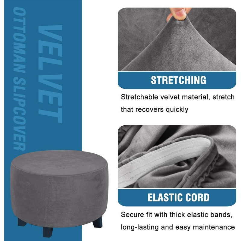 Velvet Plush Ottoman Cover,Super Stretch Round Ottoman Slipcover Washable Storage