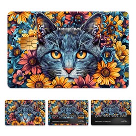 peacoblue Bank Card Sticker Colorful Cat with Flower Credit Debit Card Custom Skin Cover Protector, 4 Styles Waterproof Scratch-Proof and Attractive Decal for Most Popular EBT Transportation Key Card