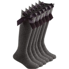 COSHAL® 3 Girls Knee High School Cotton Socks with Fluffy Ribbons Bow Back to School Sock's Uniform Party Wear Comfort Fit Long Socks Stocking Girls Knee High Kids School Sock Size (6-8) Grey KHB