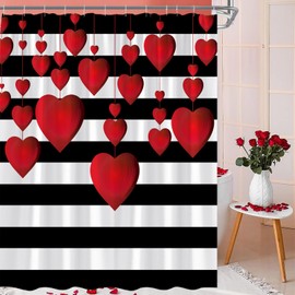 Red Heart Shower Curtain Romantic Love Heart Black White Stripe Valentine's Day Girl Woman Couple Sweet Lovers Wedding Marriage Decor Fabric Bathroom Curtain with Hook