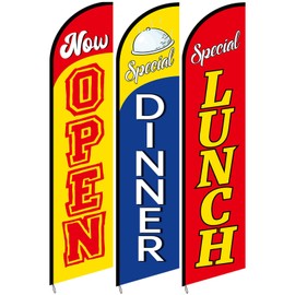 3 Pcs Swooper Restaurant Advertising Flags Now Open, Lunch and Dinner Specials Durable 2.5 x 12 ft Feather Banners for Business Visibility