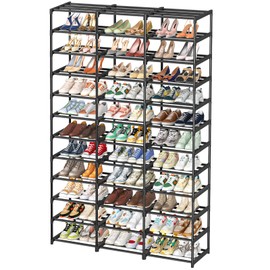 Ekisemio Shoe Rack Large Capacity 72 Pairs Tall Shoe Shelf, 3 Row 12 Tiers Sturdy Metal Shoe Organizer for Entryway, Closet, Bedroom, Black