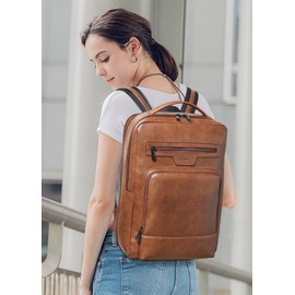 Shrrie Leather Laptop Backpack for Women and Men,28 L Travel Backpack Computer Bag Fits 16 inch Laptop,Expandable Casual Daypack with USB Port for Work Business Weekender College,Brown