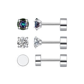 RoseJeopal 3 Pairs Stainless Steel Flat Back Stud Earrings Set Women, White Cubic Zirconia Small Surgical Steel Stud Earrings, Hypoallergenic Cartilage Medical Earrings for Women Girls, Stainless