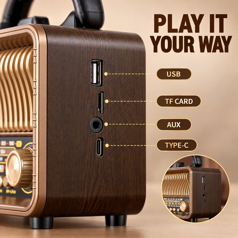 Retro Portable AM/FM/SW Radio with Bluetooth, AUX, TF Card, USB-C