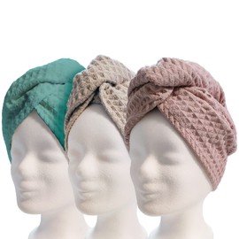 Lead Care Hair Turban, Hair Drying Towel, Set of 3, Quick Drying Microfibre Drying Towel with Button (Set of 3, Turquoise, Cream & Pink)