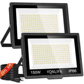 150W LED Flood Lights Outdoor with 10FT Power Cord, 18000LM 5000K White Floodlight, IP66 Waterproof Plug in Flood Light Outdoor Yard Lights for Garden, Garage, Yard, Lawn, Stadium(2 Pack)