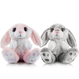 My OLi Cuddly Toys Easter Bunny Pack of 2 Plush Rabbit 18 cm Floppy Ears Sitting Stuffed Toy Rabbit Easter Gifts for Children Babies Boys Girls Grey & Pink Colour