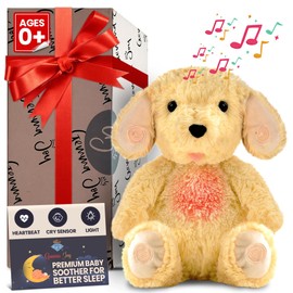 Gemma Joy Bedtime Baby Soothers for Sleep, Cry Activated Heartbeat Stuffed Animal for Baby, Newborn, Calming Light, Lullaby Music, White Noise, Shush and Mother’s Heartbeat - (Puppy, Rechargeable)