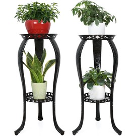 Ufine 2 Tier Metal Plant Stand Indoor Outdoor Iron Art Flower Pot Holder Tall Plant Display Rack for Corner Porch 2-Pack, Black