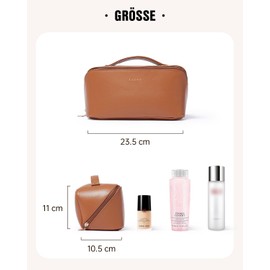 EACHY Women's Cosmetic Bag, PU Leather Makeup Bag with Transparent Dividers, Waterproof Travel Makeup Bag with Handle, Luxury Toiletry Bag for Women or Gift Idea (Brown, Medium Size)