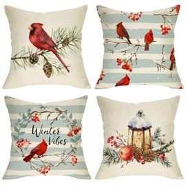 Fjfz Winter Vibes Cardinal Red Birds Decorative Throw Pillow Cover 20x20 Set of 4, Berry Wreath Pine Cones Kerosene Lamp Striped Home Decoration Sign, Snow Farmhouse Cushion Case for Sofa Couch Decors