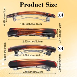 8 PCS French Barrette Hair Clips Small Tortoise Shell Hair Clips Barrettes Vintage Non-slip Curved Glossy Thin Flat Hairs Accessories for Women Thin Curly Hairs (Black White Brown Leopard Print)