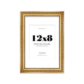 12x8 Gold Ornate Photo Frame With White Mat For 8x6 Picture, Ready to Hang or Stand, 1 Pack