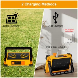 Led Baustrahler Akku Solar Arbeitsleuchte Tragbare, 4 Modi LED Strahler Akku, Campinglampe Aufladbar für Garten, Garage, Camping, Notfall, Outdoor - Gelb