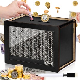 Kkluno $5000 Cash Vault Wooden Money Saving Box Coin Counter Piggy Bank for Adults Kids Cash Saver Box with Money Target and Numbers, Black