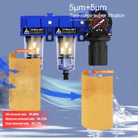 ATINY 3/8" NPT Air Dryer System,Double Air Filters,Air Compressor Filter Dryer,5 and 5 Micron Filter Cartridge,Semi-Auto Drain,Bass Ball Valve,Metal Bracket-Blue