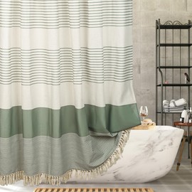 SHENGJUN - Cortina de ducha con aspecto de lino verde, estilo rústico bohemio para decoración de baño, tela impermeable y resistente a las arrugas, 72 x 84 pulgadas con 12 ganchos