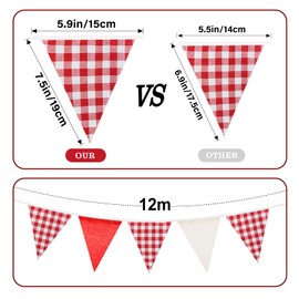 G2PLUS Rot-Weiße Wimpelkette mit Karomuster: 10m Karo-Girlande aus Baumwolle Leinen (36 Stück), Traditionelle Festgirlande für Oktoberfest, Weihnachtsmarkt & Gartenparty