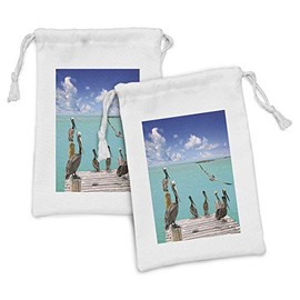 Lunarable Landscape Fabric Pouch Set of 2, Tropical Sea View Exotic Birds Pelicans Caribbean Beach Tranquil Photo, Small Drawstring Bag for Toiletries Masks and Favors, 9" x 6", Aqua Blue Tan