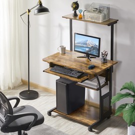 Topeakmart Retro Computer Desk on Wheels Mobile Computer Desk with Printer Shelf and Keyboard Tray, 3 Tiers Home Office Desk with Storage for Small Space, Compact Computer Workstation, Rustic Brown