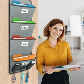 Jeesblsy Hanging Organiser Office Folder for Wall with 4 Large Pockets, Magazine Newspaper Holder Hanging Storage Chart Cascading Wall Organiser for Office, School, Home (Grey)