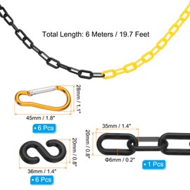 PATIKIL 20Ft Plastic Chain Barrier, Safety Link Chain with 6 S-Hooks and 6 Clips for Crowd Control at Driveway Elevator Parking Lot, Black Yellow