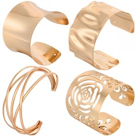CABODYALS 4Pcs 4 Styles Gold Cuff Bangle Bracelets Set Boho Summer Alloy Metal Adjustable Open Coil Armband Upper Arm Cuff Bangles Armband Jewellery Bulk for Women Party Costume Outfit Clubs Accessory