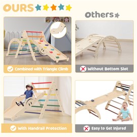 BIERUM 8 in 1 Montessori Pikler Triangle Set with Seesaw Design, Foldable Toddler Climbing Toys with Ramp for Sliding or Climbing, Wooden Jungle Gym, Indoor Playground for Toddlers and Kids, Rainbow