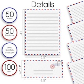 ArtCreativity Juego de 100 piezas de papel y sobres de papelería vintage, 50 hojas de correo aéreo de doble cara y 50 sobres, cartas y sobres de papel