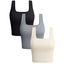 OQQ Women's 3 Piece Tank Tops Ribbed Seamless Workout Exercise Shirts 2025 Summer Basic Camis Black Grey Beige