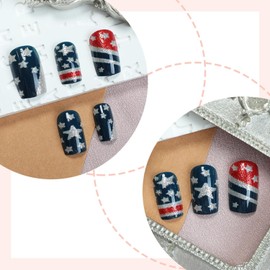 Press On Nails 4th Of July,Independence Day Fake Nails Short Square Blue,Stick On Nails Press Ons With American Flag Design Star,Glossy Acrylic False Nails,Reusable Glue On Nails For Women