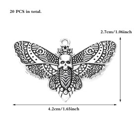JKJF Pack of 20 Moth Charms Pendants Vintage Moth Pendant Metal Skull Moth Charms Dangle for DIY Earring Necklace Bracelet Foot Bands Jewellery - Antique Silver, Metal
