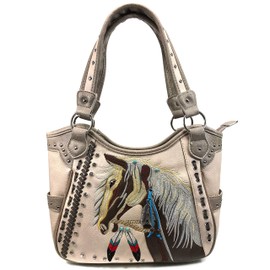 Zelris Dakota Dales Pony Horse Embroidery Mane Western Country Women Tote Purse with Matching Wallet Set (Beige)