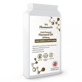 Flaxseed Oil Supplement 2000mg Daily Dosage - 90 Easy Swallow Vegan Capsules - Potent Source of Omega 3 Fatty Acids Including Alpha Linolenic Acid- High Strength - UK Manufactured by Pharmanostix