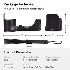 Rieibi Alpha 7C II Case - Premium PU Leather Half Case for Sony A7C II/Alpha 7C Mark II/A7C2 Digital Camera - Protective Grip Sony A7CII Case with Handle & Bottom Opening, black, Half pocket and wrist