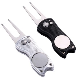 KABUDA 2 Pack Metal Foldable Golf Divot Tool with Pop-up Button & Magnetic Ball Marker (Pack of 2, Fish Design)