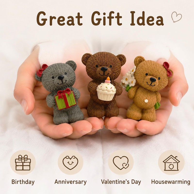 MeritMode Teddy Bear Ornaments Set, 2.8”H Resin Figures, Cute Home
