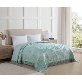 Beatrice Home Fashions Queen, Blue, Lotus Medallion 100% Cotton Chenille Bedspread, Soft, Cozy, Lightweight, Fringe