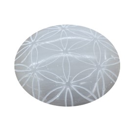 Amazing Gemstone Selenite Palm Stone - Flower of Life Engraved Hot Massage Worry Stone for Natural Body Chakra Balancing, Reiki Healing and Crystal Grid
