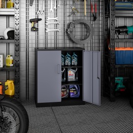 Anxxsu Metal Storage Cabinet, Storage Cabinet with 2 Doors and Shelves, Metal Cabinet with Lock, Small Lockable Cabinet for Home Office (Black Grey)