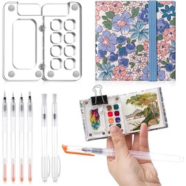 Brainy 9 Pcs Mini Portable Watercolor Palette Set Included Watercolor Paint Dispensing Box with Clip Clear Acrylic 8 Grid Paint Box 6 Artist Paint Brushes Suitable for Painters Artists Students Gift