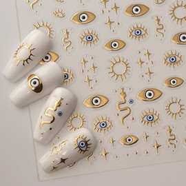 IDDFEVE Evil Eye Nail Art Stickers - Gold Sun & Star Self-Adhesive 3D Nail Decals for DIY Mystical Snake Manicure (2 Sheets)