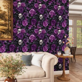 Purple Floral Wallpaper Peel and Stick, Dark Skull Contact Paper 17.5" x 118", Black Vintage Gothic Rose Flowers Wall Paper Self Adhesive Waterproof Removable for Bathroom Cabinet Drawer Table Decor