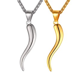 U7 Men Women Italian Horn Necklace Set of 2 Lucky Pendants (1 Stainless + 1 Gold)
