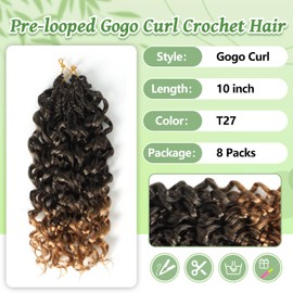 Pre Looped Gogo Curl Crochet Hair 8 Packs Pre Twisted Ocean Wave Goddess Box Braids Curly Water Wave Synthetic Braiding Hair For Black Women (#T27, 10 Inch (Pack of 8))